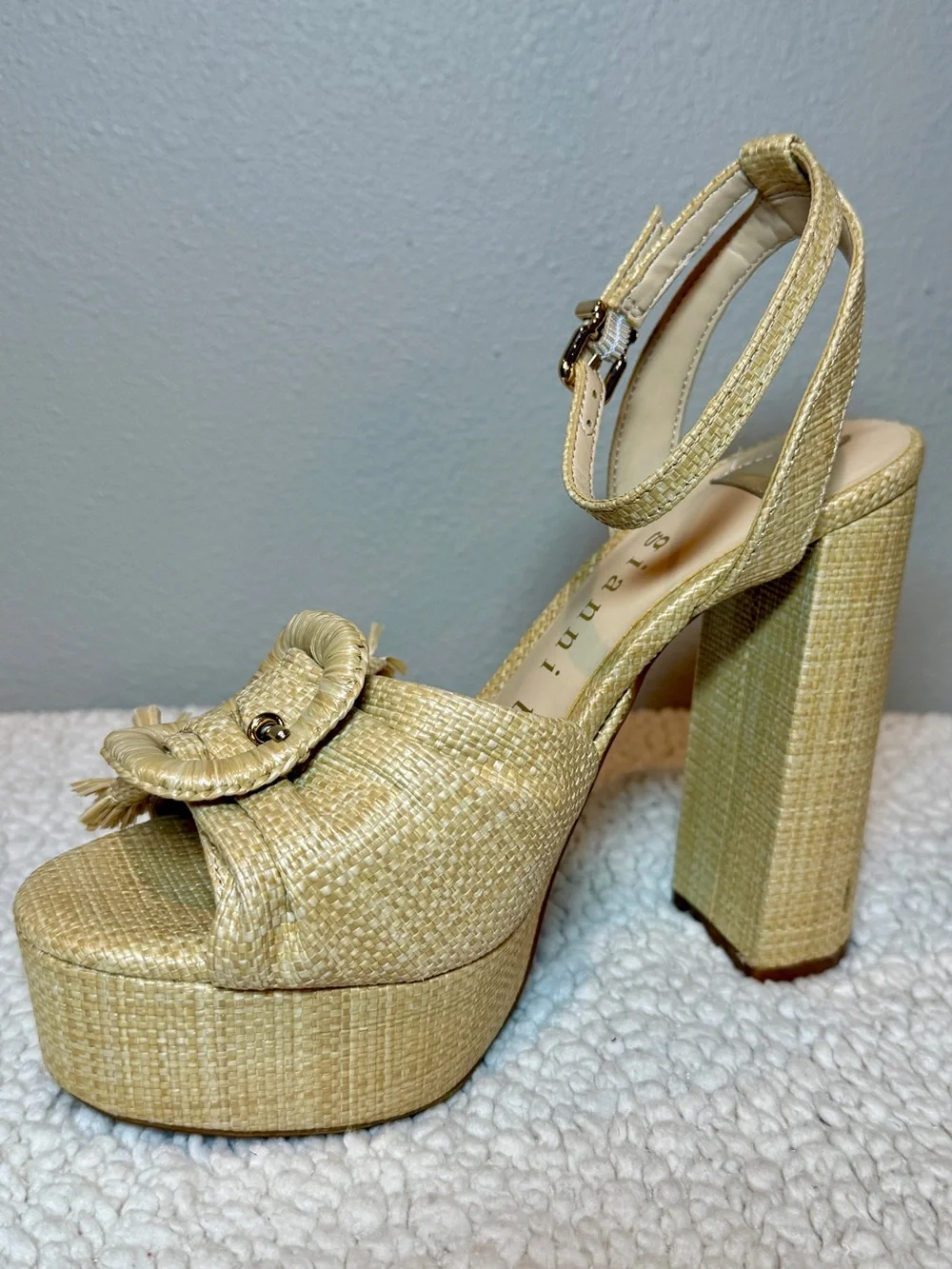 Gianni Bini Raffia Mismatched Buckle Platform Heels